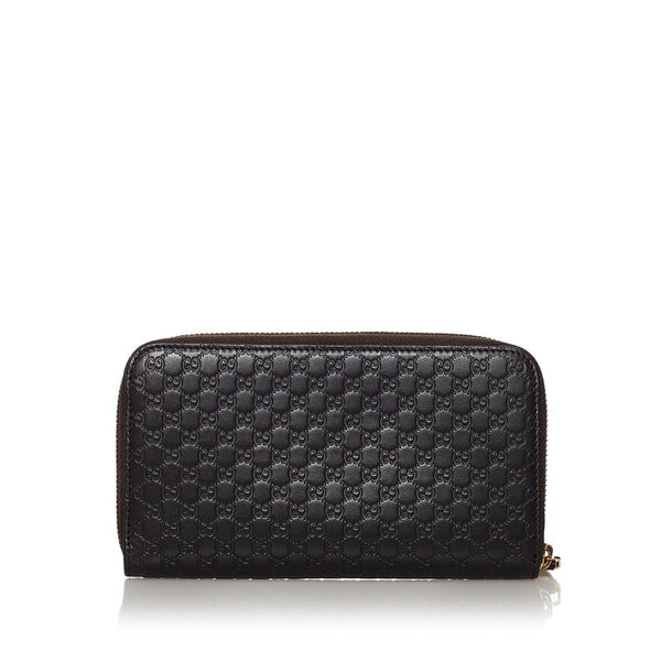 グッチ マイクログッチシマ ラウンドファスナー 長財布 449391 ダークブラウン レザー レディース GUCCI 【中古】