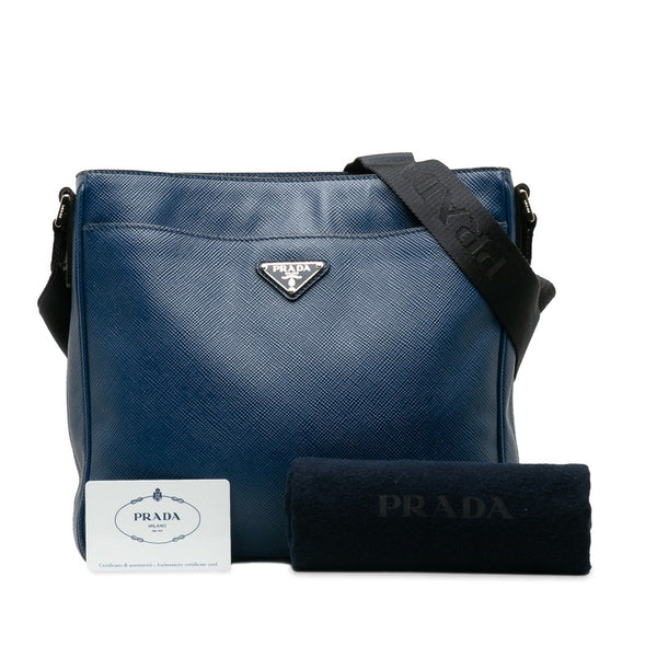 プラダ 三角ロゴプレート 斜め掛け ショルダーバッグ VA1086 ブルー ブラック レザー レディース PRADA 【中古】
