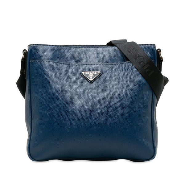 プラダ 三角ロゴプレート 斜め掛け ショルダーバッグ VA1086 ブルー ブラック レザー レディース PRADA 【中古】