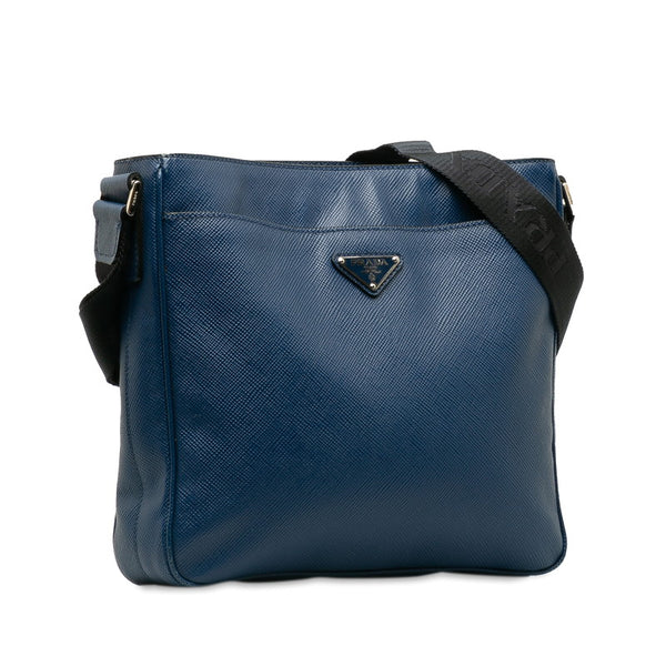 プラダ 三角ロゴプレート 斜め掛け ショルダーバッグ VA1086 ブルー ブラック レザー レディース PRADA 【中古】