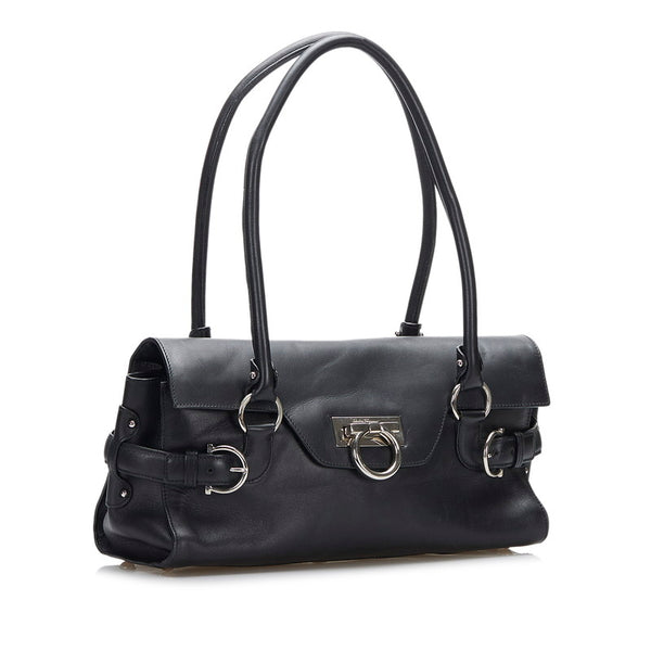 サルヴァトーレフェラガモ ガンチーニ ハンドバッグ ショルダーバッグ DY-21 4862 ブラック レザー レディース Salvatore Ferragamo 【中古】