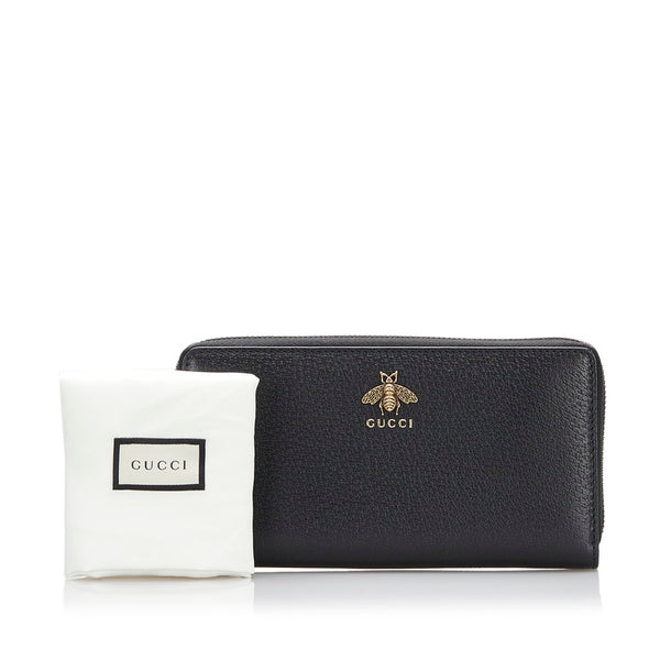 グッチ アニマリエ ビー 蜂 ラウンドファスナー 長財布 523667 ブラック レザー レディース GUCCI 【中古】