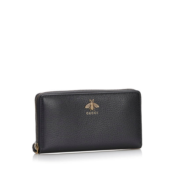 グッチ アニマリエ ビー 蜂 ラウンドファスナー 長財布 523667 ブラック レザー レディース GUCCI 【中古】