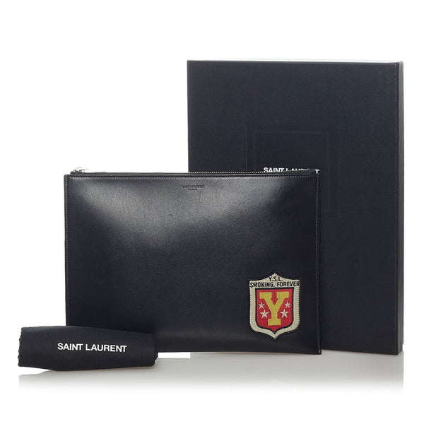 サンローラン ワッペン セカンドバッグ クラッチバッグ ブラック レザー メンズ SAINT LAURENT 【中古】