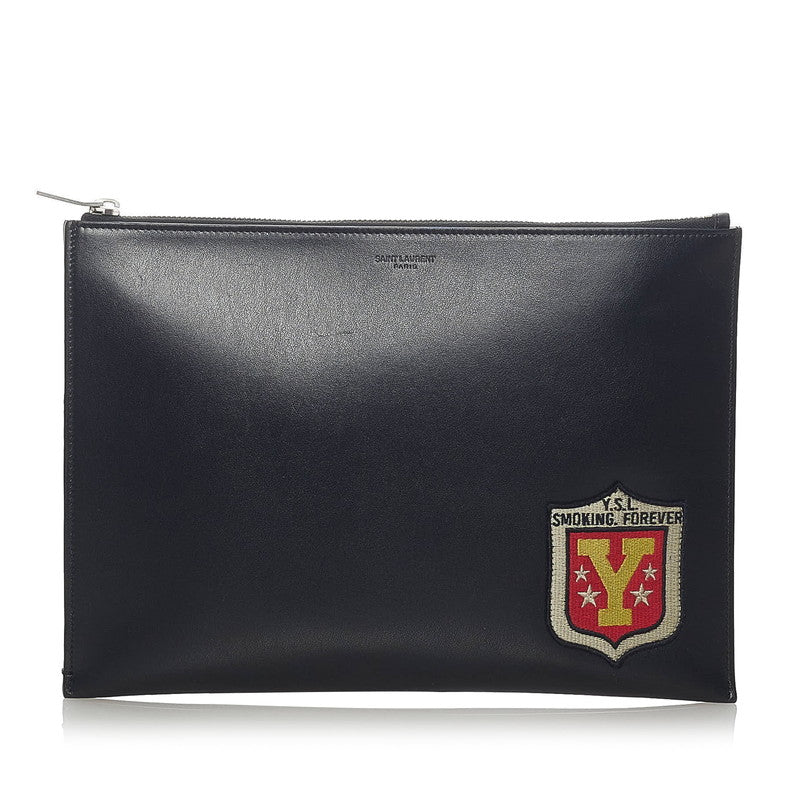 サンローラン ワッペン セカンドバッグ クラッチバッグ ブラック レザー メンズ SAINT LAURENT 【中古】