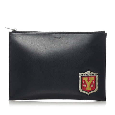 サンローラン ワッペン セカンドバッグ クラッチバッグ ブラック レザー メンズ SAINT LAURENT 【中古】