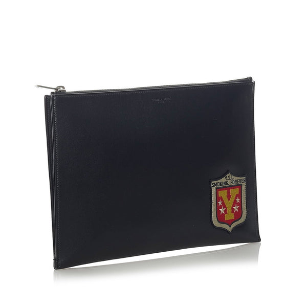 サンローラン ワッペン セカンドバッグ クラッチバッグ ブラック レザー メンズ SAINT LAURENT 【中古】