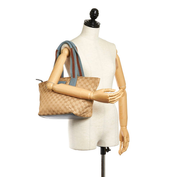グッチ GGキャンバス シェリーライン トートバッグ 131230 ベージュ ライトブルー キャンバス レザー レディース GUCCI 【中古】