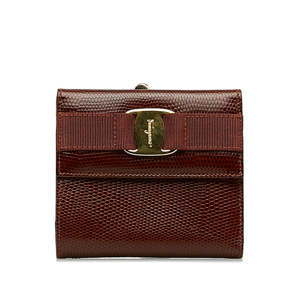 サルヴァトーレフェラガモ ヴァラ がま口 二つ折り財布 ブラウン リザード レザー レディース Salvatore Ferragamo 【中古】