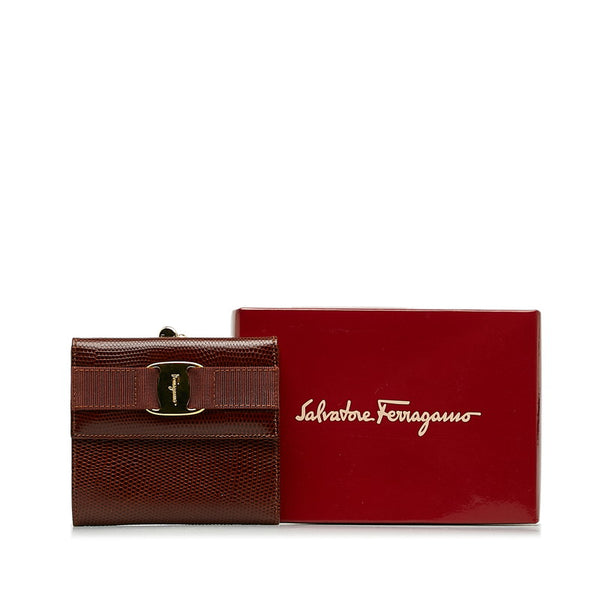 サルヴァトーレフェラガモ ヴァラ がま口 二つ折り財布 ブラウン リザード レザー レディース Salvatore Ferragamo 【中古】