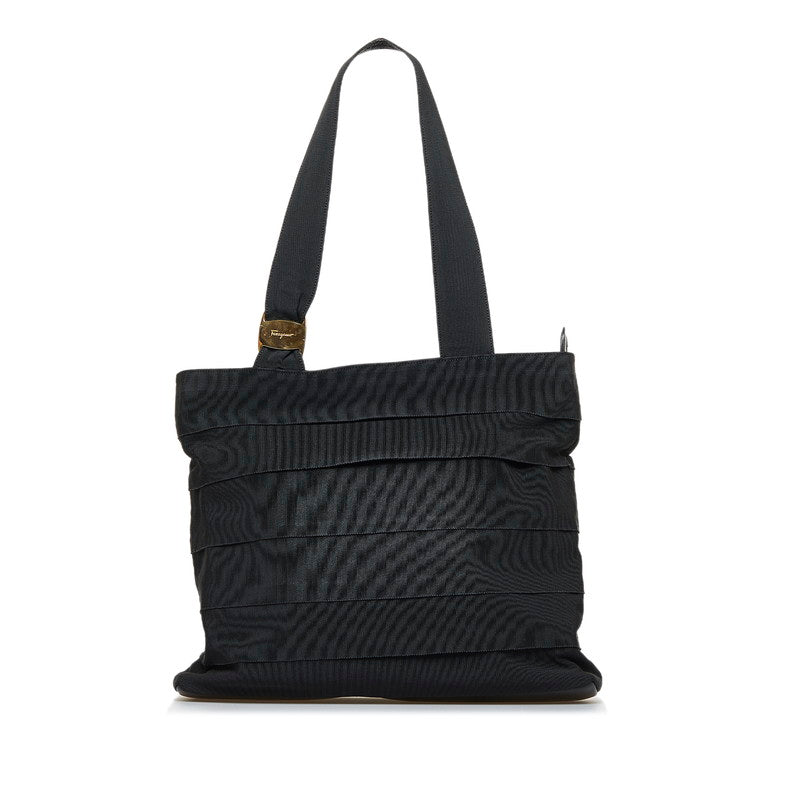 サルヴァトーレフェラガモ ヴァラ フリル ハンドバッグ トートバッグ AU-21 4240 ブラック キャンバス レザー レディース Salvatore Ferragamo 【中古】