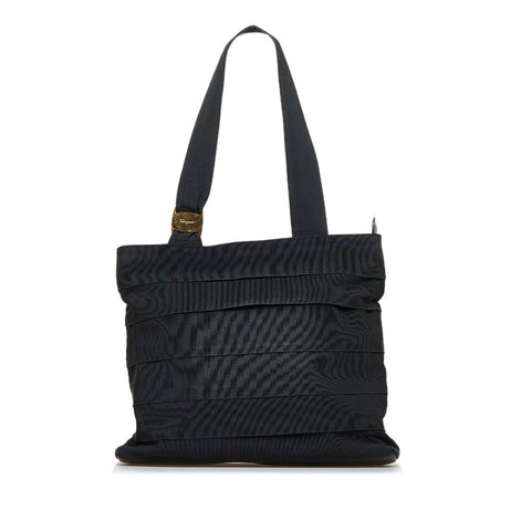 サルヴァトーレフェラガモ ヴァラ フリル ハンドバッグ トートバッグ AU-21 4240 ブラック キャンバス レザー レディース Salvatore Ferragamo 【中古】