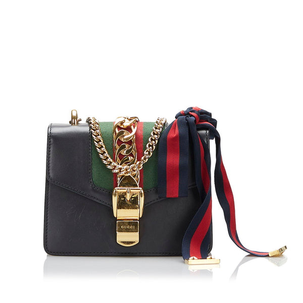 グッチ シェリーライン シルヴィ スモール 斜め掛け チェーン ショルダーバッグ  431666 ブラック レザー レディース GUCCI 【中古】