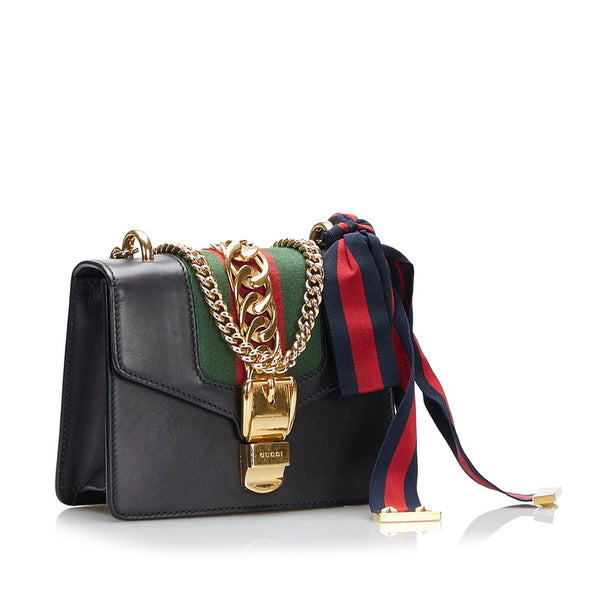 グッチ シェリーライン シルヴィ スモール 斜め掛け チェーン ショルダーバッグ  431666 ブラック レザー レディース GUCCI 【中古】