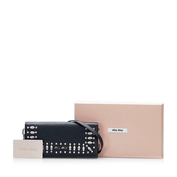 ミュウミュウ ビジュー マドラスクリスタル チェーンウォレット 長財布 2WAY 5MT001 ブラック レザー レディース MIUMIU 【中古】