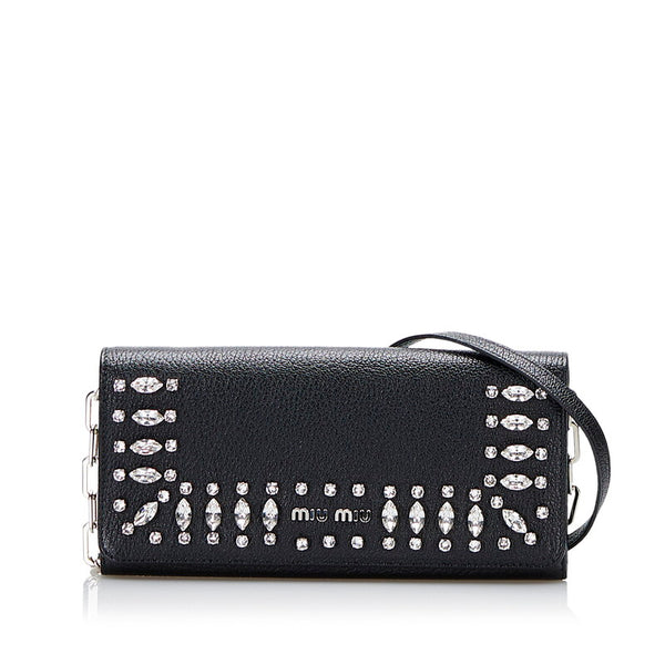 ミュウミュウ ビジュー マドラスクリスタル チェーンウォレット 長財布 2WAY 5MT001 ブラック レザー レディース MIUMIU 【中古】