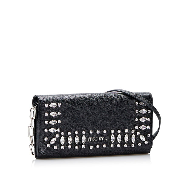 ミュウミュウ ビジュー マドラスクリスタル チェーンウォレット 長財布 2WAY 5MT001 ブラック レザー レディース MIUMIU 【中古】