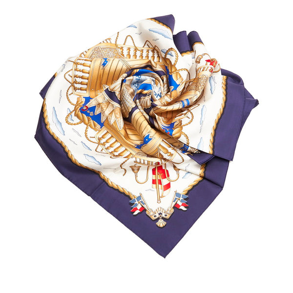 カレ90 RAILING 船の手摺 スカーフ ネイビー ホワイト シルク レディース 【中古】