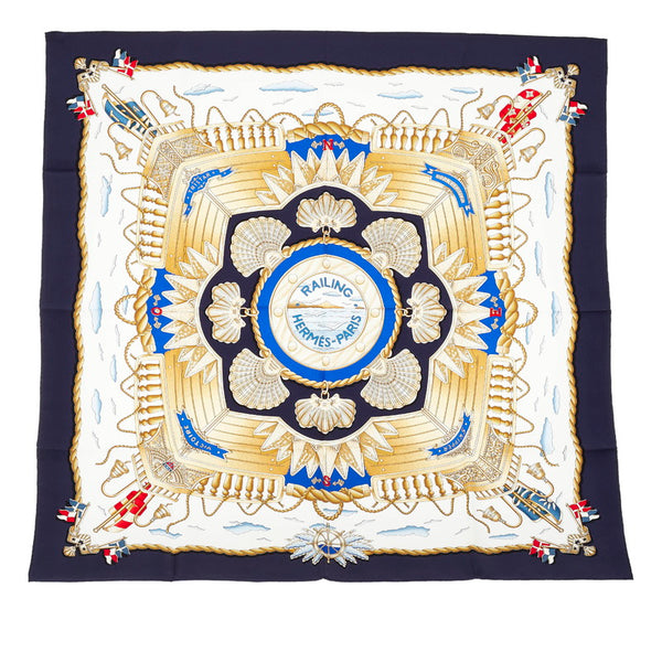 カレ90 RAILING 船の手摺 スカーフ ネイビー ホワイト シルク レディース 【中古】