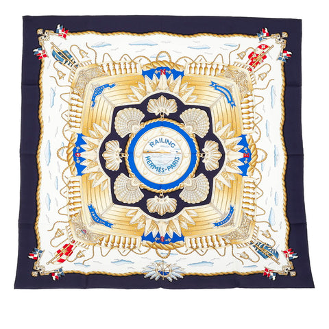 カレ90 RAILING 船の手摺 スカーフ ネイビー ホワイト シルク レディース 【中古】