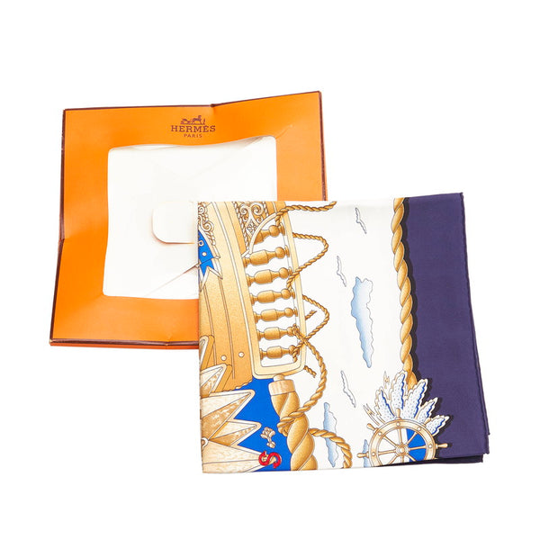 カレ90 RAILING 船の手摺 スカーフ ネイビー ホワイト シルク レディース 【中古】