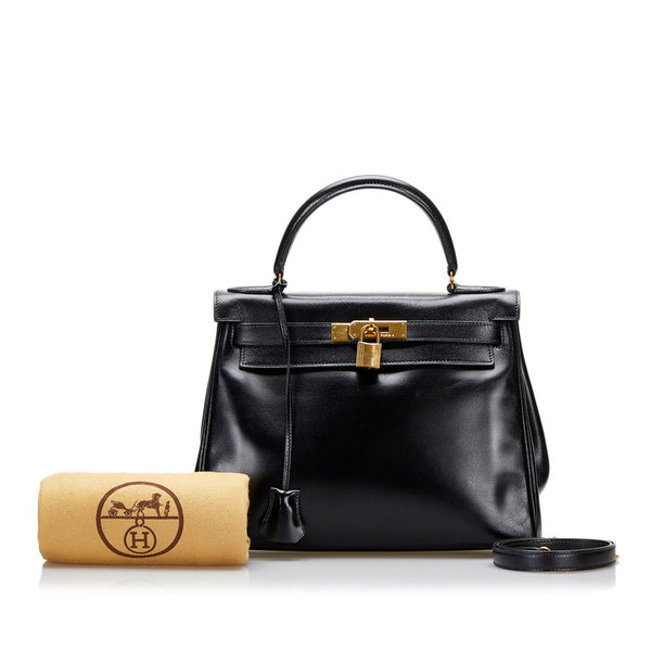 エルメス ケリー28 ハンドバッグ ショルダーバッグ 2WAY ブラック ボックスカーフ レディース HERMES 【中古】
