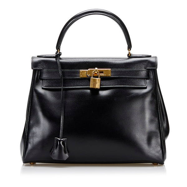 エルメス ケリー28 ハンドバッグ ショルダーバッグ 2WAY ブラック ボックスカーフ レディース HERMES 【中古】