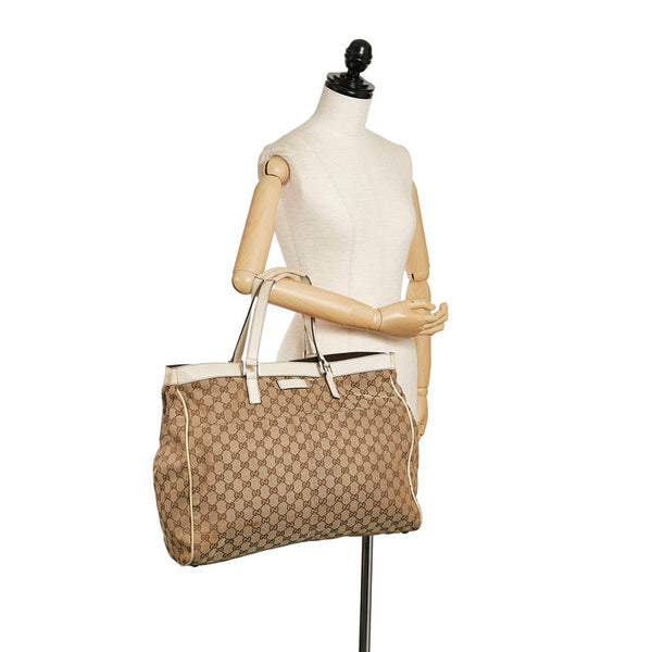 グッチ GGキャンバス トートバッグ 153213 ベージュ ホワイト キャンバス レザー レディース GUCCI 【中古】
