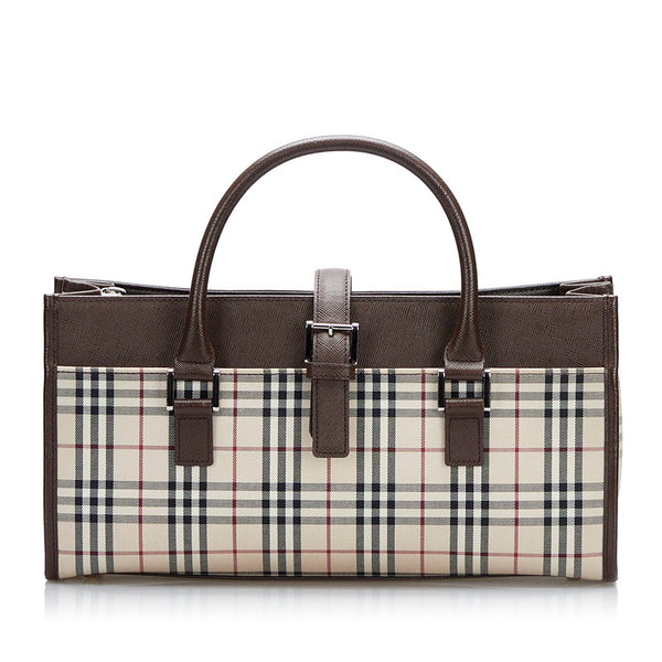 バーバリー ノバチェック ハンドバッグ ベージュ ブラウン キャンバス レザー レディース BURBERRY 【中古】