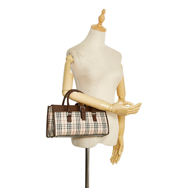 バーバリー ノバチェック ハンドバッグ ベージュ ブラウン キャンバス レザー レディース BURBERRY 【中古】