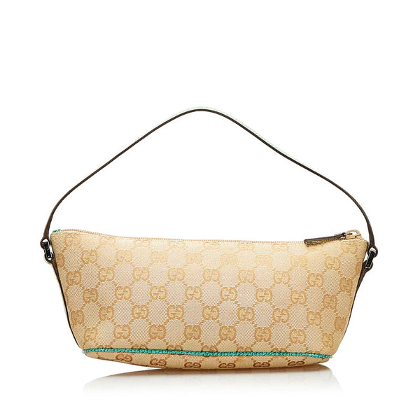 グッチ GGキャンバス ポーチ アクセサリーポーチ 07198 ベージュ グリーン キャンバス レザー レディース GUCCI 【中古】