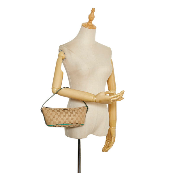 グッチ GGキャンバス ポーチ アクセサリーポーチ 07198 ベージュ グリーン キャンバス レザー レディース GUCCI 【中古】