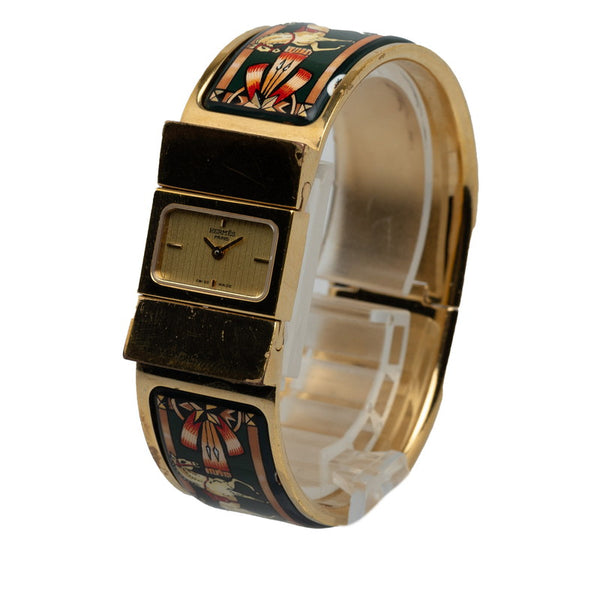 エルメス ロケ 白馬 七宝焼 バングル 腕時計 LO1.201 クオーツ ゴールド文字盤 メッキ レディース HERMES 【中古】