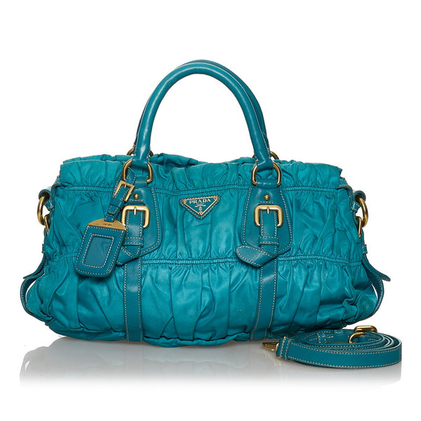 プラダ ギャザー ターコイズ ナイロン レザー ハンドバッグ ショルダーバッグ 2WAY レディース PRADA 【中古】