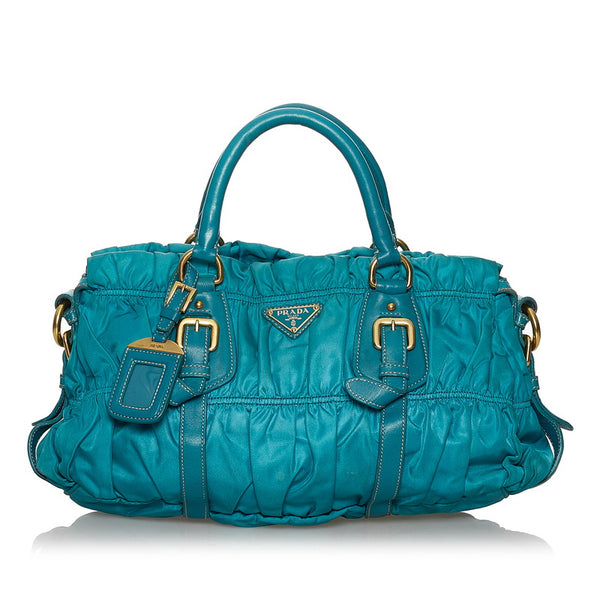 プラダ ギャザー ターコイズ ナイロン レザー ハンドバッグ ショルダーバッグ 2WAY レディース PRADA 【中古】
