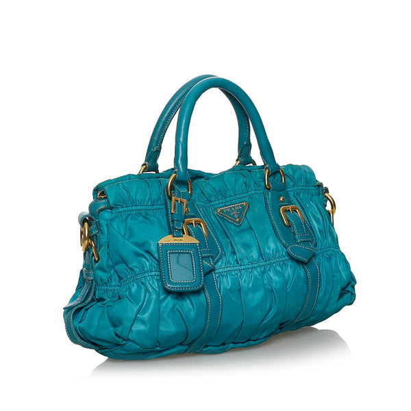 プラダ ギャザー ターコイズ ナイロン レザー ハンドバッグ ショルダーバッグ 2WAY レディース PRADA 【中古】
