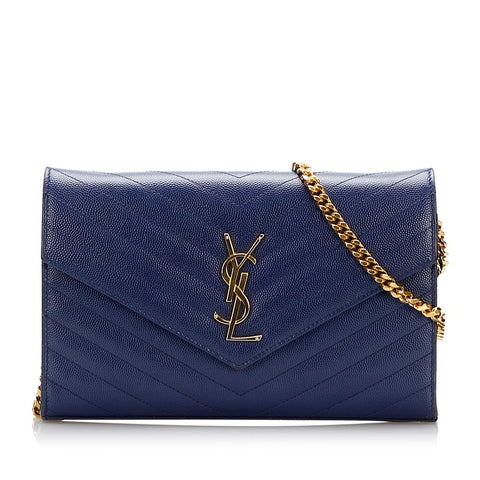 サンローラン YSL Vステッチ チェーンウォレット ショルダーバッグ 377828 ネイビー レザー レディース SAINT LAURENT 【中古】