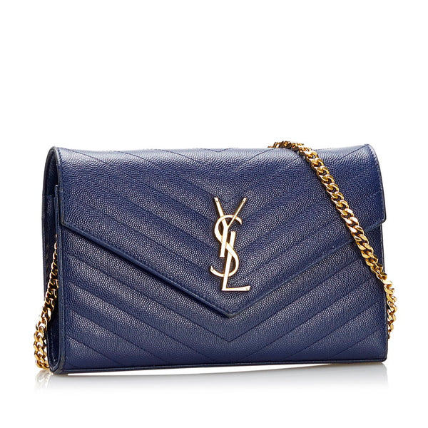 サンローラン YSL Vステッチ チェーンウォレット ショルダーバッグ 377828 ネイビー レザー レディース SAINT LAURENT 【中古】