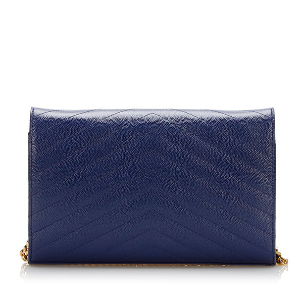 サンローラン YSL Vステッチ チェーンウォレット ショルダーバッグ 377828 ネイビー レザー レディース SAINT LAURENT 【中古】