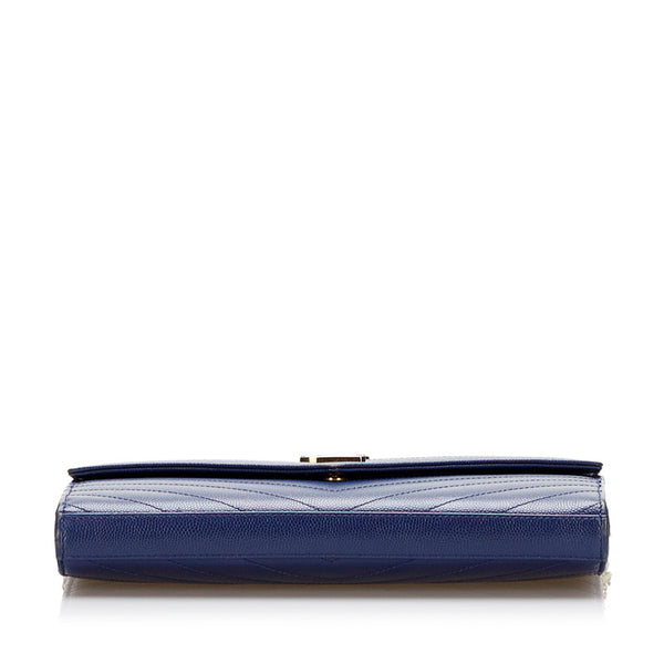 サンローラン YSL Vステッチ チェーンウォレット ショルダーバッグ 377828 ネイビー レザー レディース SAINT LAURENT 【中古】