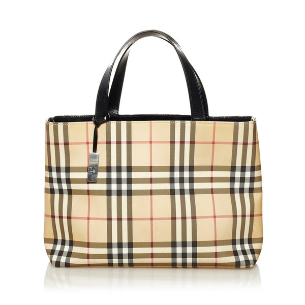 バーバリー ノバチェック ハンドバッグ ベージュ ブラック PVC レザー レディース BURBERRY 【中古】