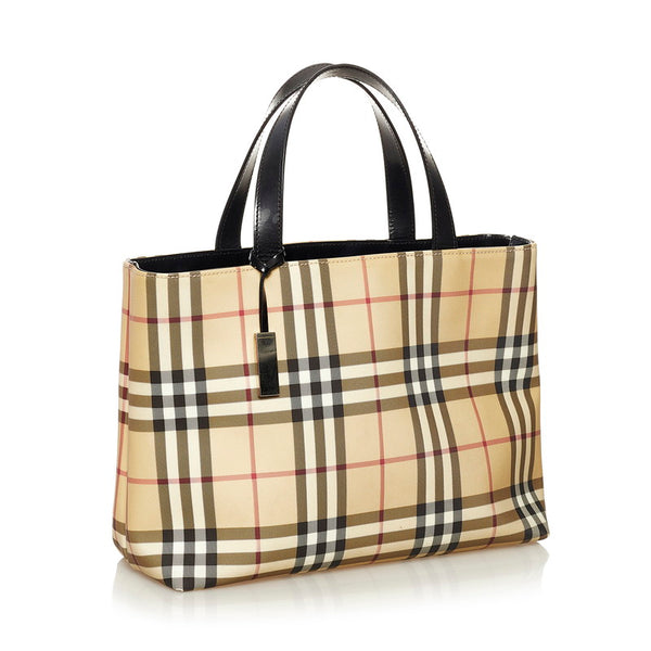 バーバリー ノバチェック ハンドバッグ ベージュ ブラック PVC レザー レディース BURBERRY 【中古】
