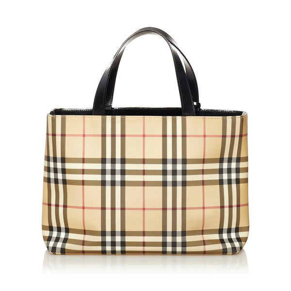 バーバリー ノバチェック ハンドバッグ ベージュ ブラック PVC レザー レディース BURBERRY 【中古】