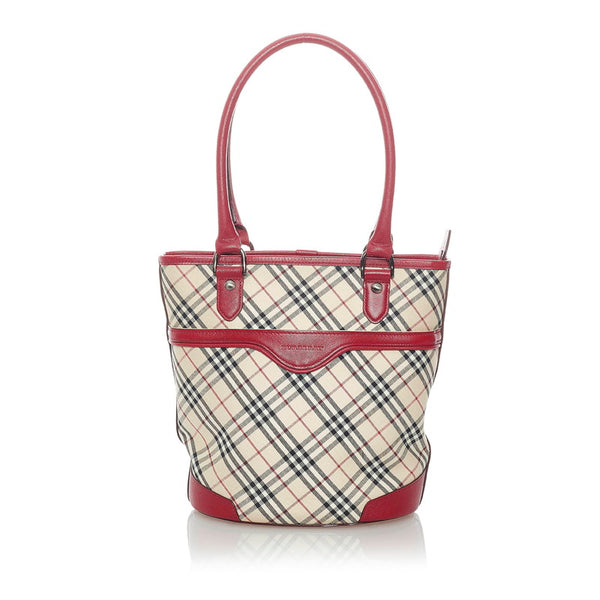 バーバリー ノバチェック トートバッグ ベージュ レッド キャンバス レザー レディース BURBERRY 【中古】
