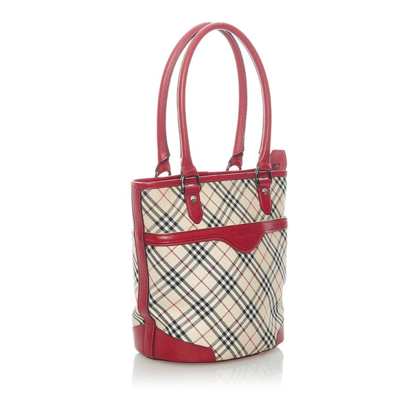 バーバリー ノバチェック トートバッグ ベージュ レッド キャンバス レザー レディース BURBERRY 【中古】