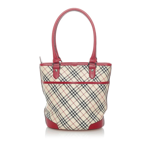 バーバリー ノバチェック トートバッグ ベージュ レッド キャンバス レザー レディース BURBERRY 【中古】