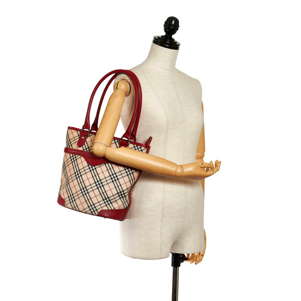 バーバリー ノバチェック トートバッグ ベージュ レッド キャンバス レザー レディース BURBERRY 【中古】