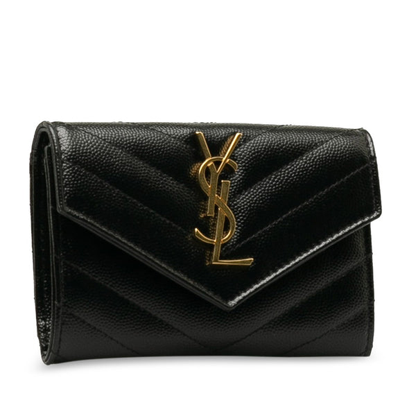 サンローラン モノグラム コンパクト ウォレット 長財布 ブラック ゴールド レザー レディース SAINT LAURENT 【中古】