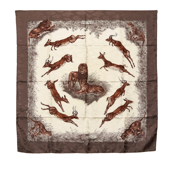 エルメス カレ90 KENYA ケニア アニマル 猛獣 スカーフ グレー ホワイト マルチカラー シルク レディース HERMES 【中古】