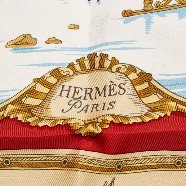 エルメス カレ90 LES PLAISIRS DU FROID 氷上の喜び スカーフ レッド マルチカラー シルク レディース HERMES 【中古】